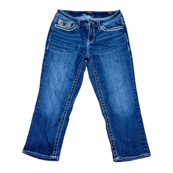 VIGOSS LOW RISE CAPRIS JEANS SZ 10 X 21 BLUE EMBROIDERED HERITAGE FIT BLING WOME - Picture 2 of 6